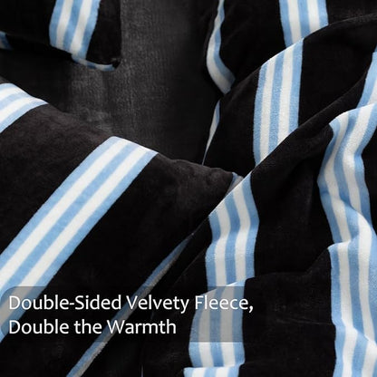 Bedbay Striped Comforter Set Fluffy Fleece Queen Comforter Set Soft Warm Flannel Velvet Comforter 3 Pcs Blue Black Striped Bedding Set Modern Stripes Pattern Queen Bed Set for All Seasons