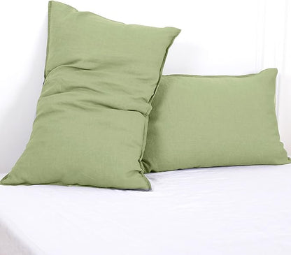 Simple&Opulence 100% Linen Pillowcases Basic Style Solid Color Set of 2, Queen Size Stone Washed Flax Pillow Cover Envelope Closure (20''x30'', Sage Green)
