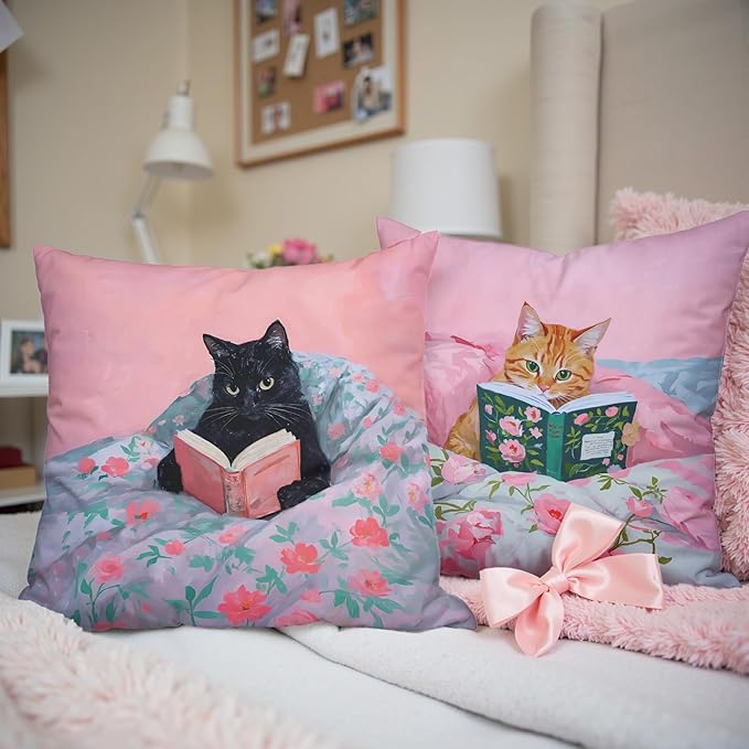 Funny Cat Reader Book Pillow Cover 18 x 18 Set of 2, Reading Nook Corner Decor, Preppy Floral Black Orange Tabby Tuxedo Cats Bookish Pillowcase, Gifts for Book Lovers