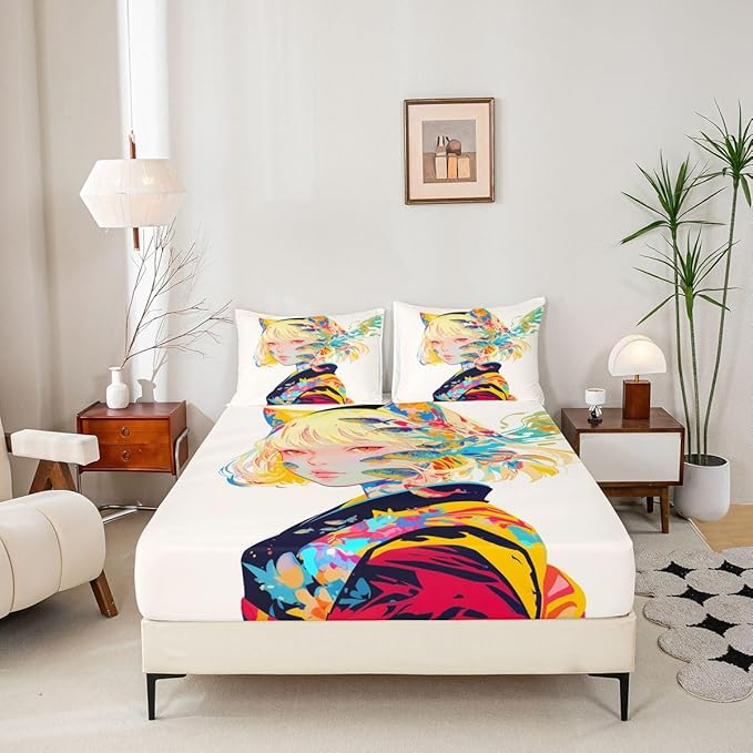 3D Anime Bed Sheets Japanese Girl Style Bed Set Full for Cartoon Fans Fitted Sheet, Kawaii Anime Design Pattern Sheets with 2 Pillow Cases, Anime Gifts for Girls Anime Lover