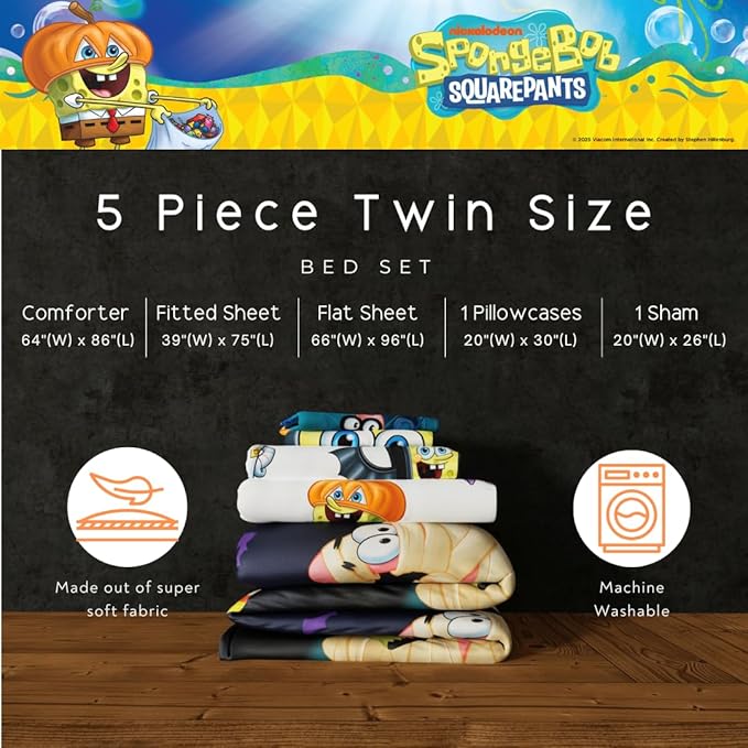 Spongebob Squarepants Kids Halloween Bedding 5 Piece Super Soft Cozy Reversible Comforter and Sheet Set with Sham, Twin, (Officially Licensed Product) by Franco