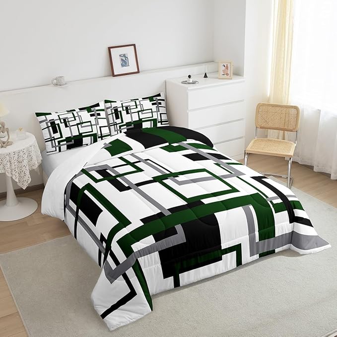 Erosebridal Black and White Green Comforter Set Full Size,Squares Bedding Set for Kids Boys Girls,Modern Geometric Quilt Set,Mid Century Novelty Duvet Insert with 2 Pillowcases Warm