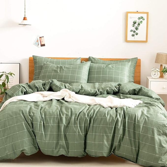 JELLYMONI 100% Natural Cotton 3pcs Plaid Duvet Cover Sets,Green with White Grid Geometric Pattern Printed Comforter Cover,with Zipper Closure & Corner Ties(Queen Size)