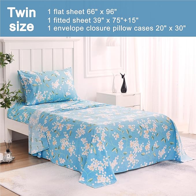 JSD Blue Floral Printed Sheet Set Twin Size, 3 Piece Soft Pattern Microfiber Sheets Extra Deep Pocket