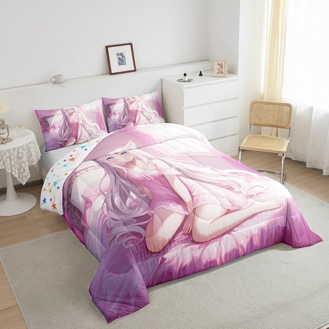 Erosebridal Toddler Size Japanese Anime Comforter Set for Kids, Anime Girl Bedding Set Kawaii Japanese Style Quilt Cartoon Japan Animation Duvet Insert for Boys Teens Adult Women Bedroom, Pink