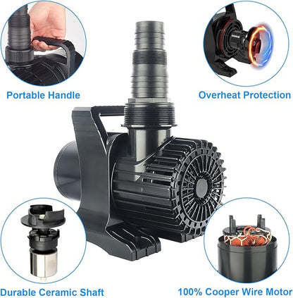 13800 GPH 1100W IPX8 Extra Large Submersible Pond Pump | 32.8FT long power cord, smart quiet fountain pump for Koi fish, garden yard patio duck outdoor, comes with barrier filter bag