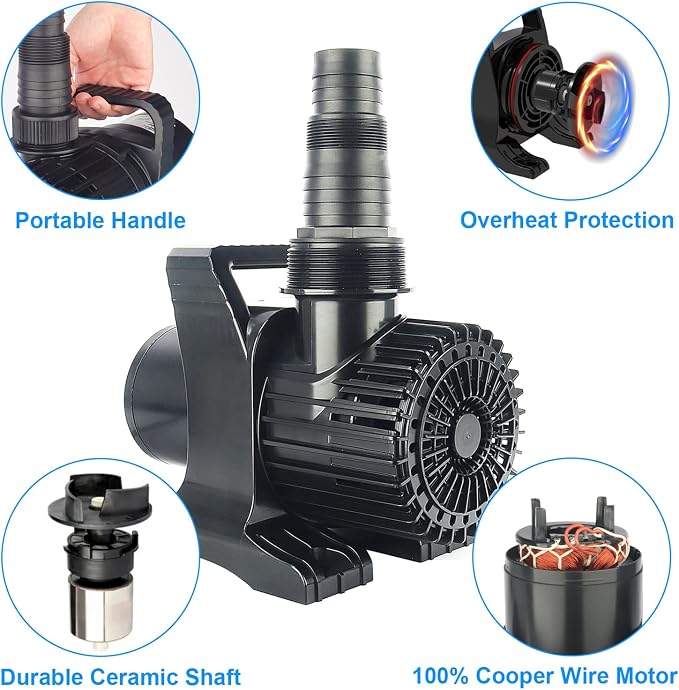11800 GPH 850W IPX8 Large Submersible Pond Waterfall Pump | 32.8FT long power cord, smart quiet fountain pump for Koi fish, garden yard patio duck outdoor, with barrier filter bag