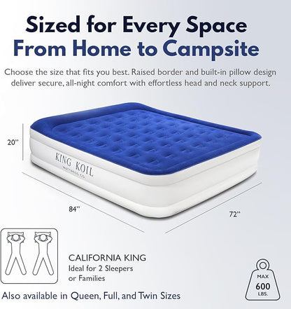 King Koil Premium California King Size Air Mattress with Built-in Pillow & Patented High-Speed Built in Pump, 20" King Size Premium Double High Airbed for Home, Camping & Guests, 1-Year Warranty