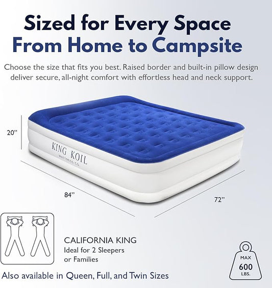 King Koil Premium California King Size Air Mattress with Built-in Pillow & Patented High-Speed Built in Pump, 20" King Size Premium Double High Airbed for Home, Camping & Guests, 1-Year Warranty