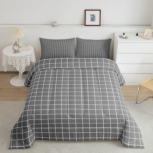 Grey Plaid Comforter Set Buffalo Check Plaid Bedding Set Classic Gingham Pattern Bedding Home Decor Modern Simple Style Comforter King Size Quilted Duvet Set 1 Comforter with 2 Pillowcase