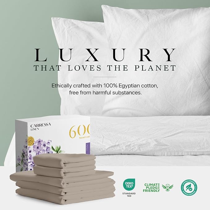 Carressa Linen Luxury Egyptian Cotton 5 PC Split King Size Sheet Set - 600 Thread Count Deep Pocket Fitted and Flat Sheet,Soft,Cooling Extra Long Staple Hotel-Quality Bedding with Sateen Weave - Taupe