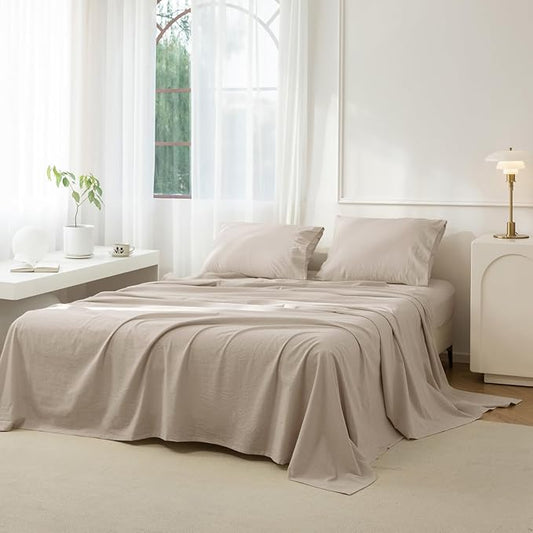 JIYUAN Queen Size Sheet Set, 4-Piece - 100% Washed Cotton, Linen-Like Soft & Breathable, Includes Deep Pocket Fitted & Flat Sheet with 2 Pillowcases, Hotel Quality, Heathered Tannish Linen Grey