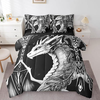 Erosebridal 3D Dragon 7 Piece Comforter Set Full Bed in a Bag,Vintage Gothic Black and White Dragon Bedding Sets Antique Wildlife Mythical Animal Sheet Set with Comforter