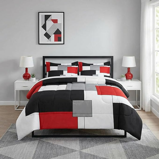 Twin Size Comforter Set with Pillowcase, Black White Red Geometric Soft 2 Pcs Bedding for Kids and Adults Bedroom Bed Decor