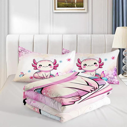 Cartoon Axolotl Comforter Kids Bedding Set,Axolotl Flower Butterfly Bedding Full Size for Boys Girls Room Kawaii Decor,Pink Toddler Comforter Sets with 2 Pillowcases.