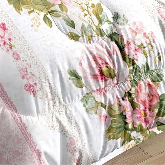 Women Girls Romantic Roses Floral Comforter Set, Twin Size 2-Piece Pink Stripe Comforter Sets, 1 Comforter 68"x 90", 1 Pillowcase, Soft Microfiber