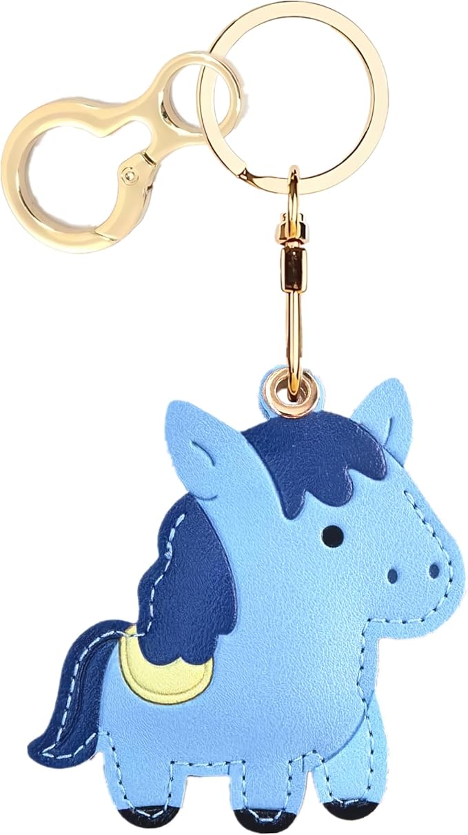 Leather Keychain Holder Case Compatible with AirTag,Cute Protective Cover with Keyring,Anti-Scratch Finder GPS Tracker Case for Wallet Keys,Bag,Pets,Backpack(Blue Horse)