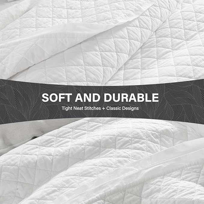 SahSahCasa Quilt Set King Size, 100% Cotton Quilt Bedding Set Bedspread, Diamond Pattern Stitching Solid Color Chic Lightweight Quilted Comforter for King Bed, White, All Season, 3 Pieces