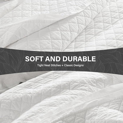 SahSahCasa Quilt Set King Size, 100% Cotton Quilt Bedding Set Bedspread, Diamond Pattern Stitching Solid Color Chic Lightweight Quilted Comforter for King Bed, White, All Season, 3 Pieces