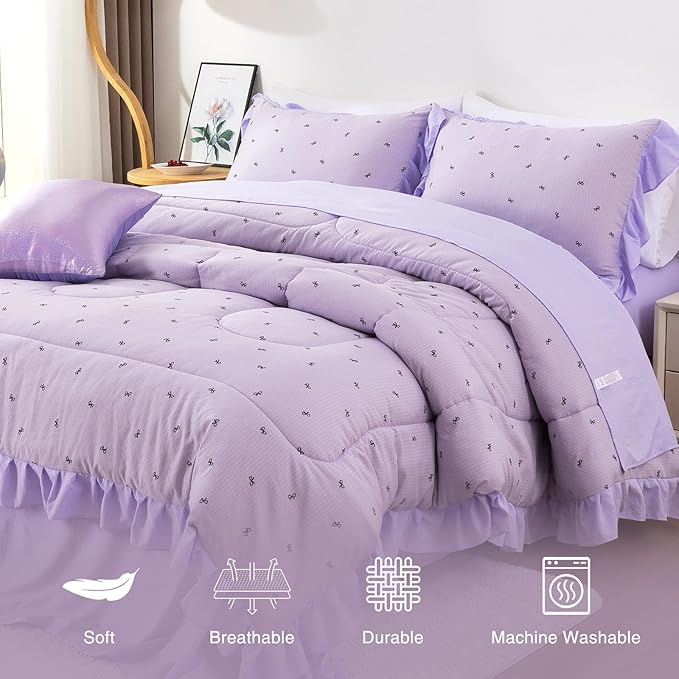 A Nice Night Delicate Bows Print On Purple Background Bedding Set,Ruffle 6 Piece Bed in a Bag Matching Sheet Set,Princess Style Chic Bowknot Printed,Full