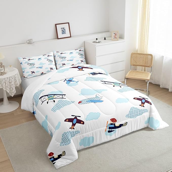 Kids Aircraft Comforter Set for Kids,Boys Teens Airplanes Bedding Sets Teens Cute Room Decor,Blue White Clouds Chic Gingham Duvet Set Quilt Set Twin 1 Comforter with 1 Pillow Case