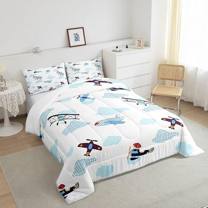 Kids Aircraft Bed Comforters Set Queen Size,Boys Teens Airplanes Super Soft Microfiber Bedding Set for Boys Girls,Blue White Clouds Chic Gingham Room Decorative Comforter Set,2 Pillowcase