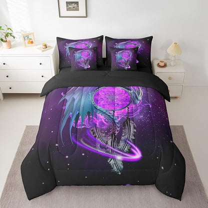 Erosebridal Gothic Dragon Dream Catchers Bed in a Bag King Size Comforter Set 7 Pieces,Purple Galaxy Bohemian Feather Bedding Sets Antique Animal Pterosaur Sheet Set with Comforter