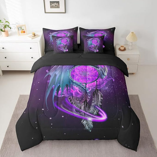 Erosebridal Gothic Dragon Dream Catchers Bed in a Bag Queen Comforter Set 7 Piece,Purple Galaxy Bohemian Feather Bedding Sets Antique Animal Pterosaur Sheet Set with Comforter
