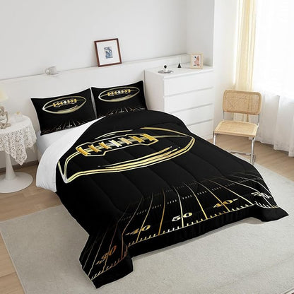 Feelyou Football Bedding Set Queen Kids Rugby Sports Comforter Set American Football Comforter Set for Boys Golden Black Room Decor Lightweight Quilt Set with 2 Pillow Case