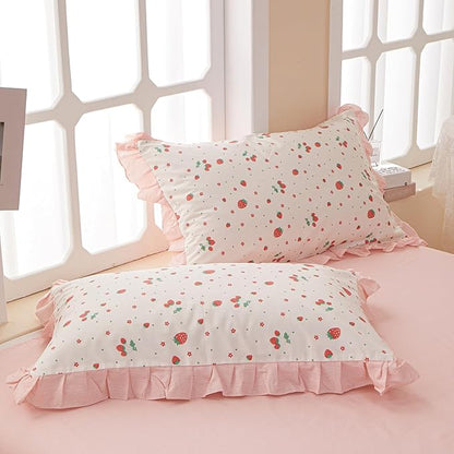 HighBuy Ruffled Comforter Set Full White Pink Floral Bedding Comforters Comfy Soft for Girls Boy Coquette Cottagecore Stripes Bedding Comforter Set 1 Fluffy Ruffle Comforter with 2 Pillowcases
