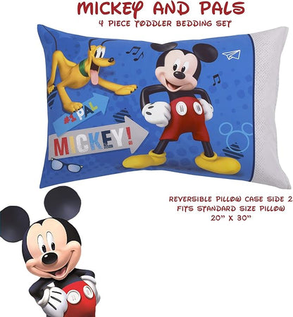 Disney Mickey Mouse and Pals 4 Piece Toddler Bedding Set - Fitted Sheet, Pillow Case, Top Sheet, and Comforter Quilt - Blue