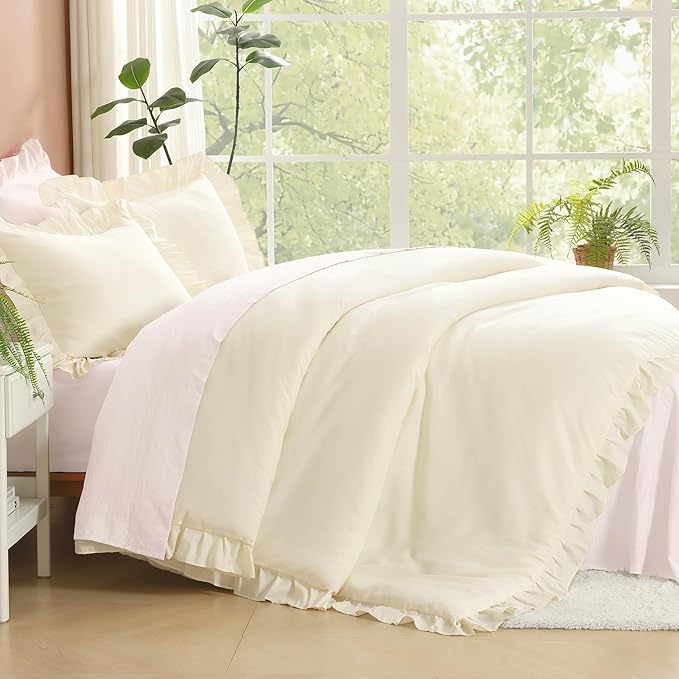 Litanika Cream King Size Comforter Set, 3 Pieces Ruffle Farmhouse Aesthetic Bedding Comforter Set, All Season Soft Lightweight Fluffy Microfiber Bed Set(104x90In Comforter, 2 Pillowcases)