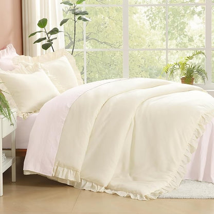 Litanika Cream King Size Comforter Set, 3 Pieces Ruffle Farmhouse Aesthetic Bedding Comforter Set, All Season Soft Lightweight Fluffy Microfiber Bed Set(104x90In Comforter, 2 Pillowcases)