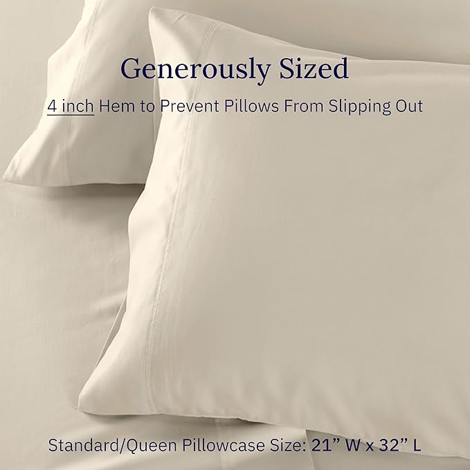 California Design DenPillow Cases Standard Size Set of 2-600 Thread Count Sateen, 100% Cotton, Soft and Breathable, Fits Standard and Queen Pillows - Beige