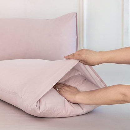 MooMee Bedding Pillowcases Pack of 2 100% Washed Cotton Linen Like Textured Breathable Durable Soft Comfy (Heathered Greyish Pink, Queen)