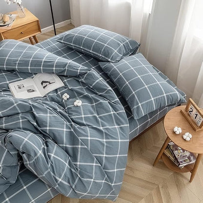FACE TWO FACE Bedding Duvet Cover Set100% Washed Cotton Duvet Cover Linen Like Textured Breathable Durable Soft Comfy (Full, Grey Green Grid)
