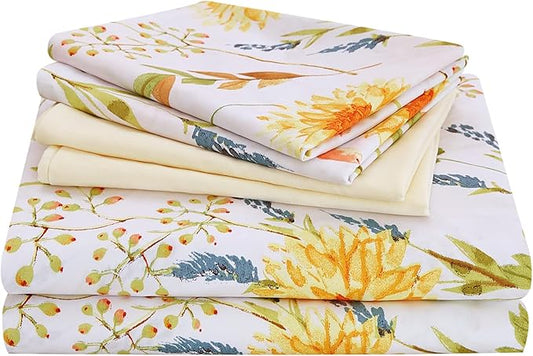 JSD 6 Piece Floral Print Sheet Set Queen Size, Soft Spring Botanical Microfiber Bed Sheets Deep Pocket