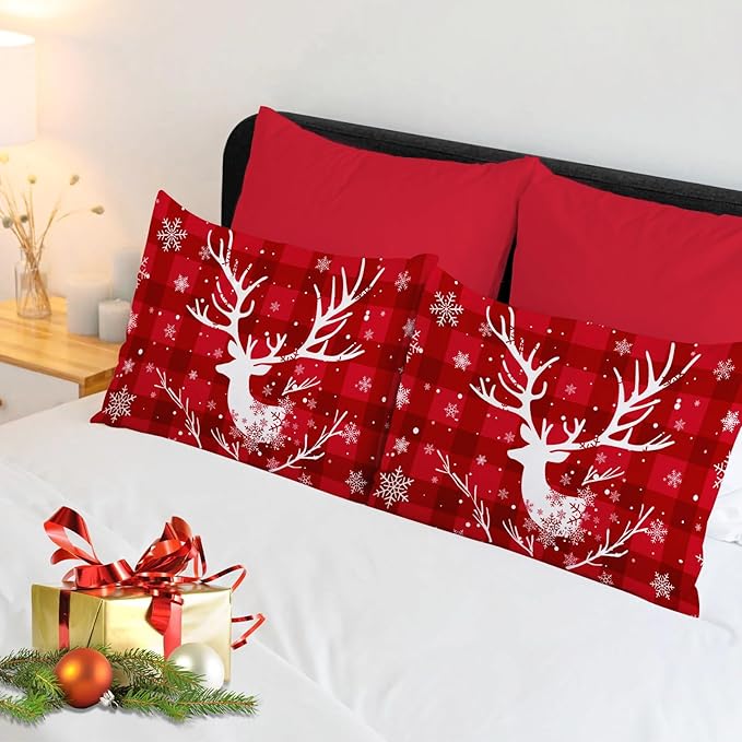 YIYEA Christmas King Size Pillow Cases Set of 4, Ultra Soft Double Brushed Microfiber Red Pillowcases and Christmas Pillow Covers, Envelope Closure, Fade Resistant (20"x36")