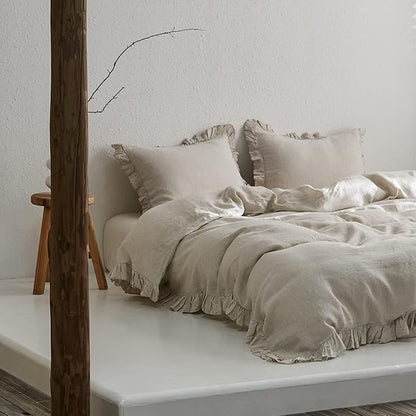 Simple&Opulence 100% Linen Duvet Cover Set, Natural French Flax Ruffle Duvet Cover Twin Size, Breathable Comfy Linen Bedding Comforter Cover with 1 Pillowcase (Natural Linen, 68" X 86")