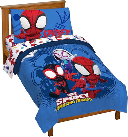 Jay Franco Marvel Spidey and His Amazing Friends Team Spidey 4 Piece Toddler Size Bed Set – Super Soft Microfiber - Includes Comforter & Sheet Set Bedding (Official Marvel Product)