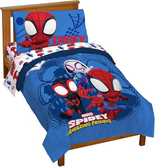 Jay Franco Marvel Spidey and His Amazing Friends Team Spidey 4 Piece Toddler Size Bed Set – Super Soft Microfiber - Includes Comforter & Sheet Set Bedding (Official Marvel Product)