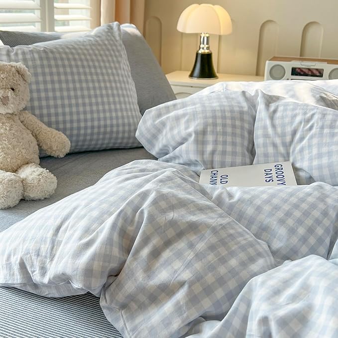 mixinni Light Blue Gingham Comforter Set King - 3 Piece Plaid Bedding Set, All-Season Soft Washed Cotton, Farmhouse Grid Pattern, Includes 1 Comforter & 2 Pillow Shams for Women Men