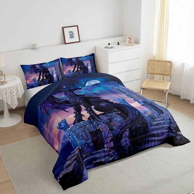 Feelyou Dragon Comforter Set Toddler Size Moon Light Dragon Comforter for Boys Girls Teens Gothic Bedding Set Wildlife Duvet Set Room Decor Acid Blue Quilt Set
