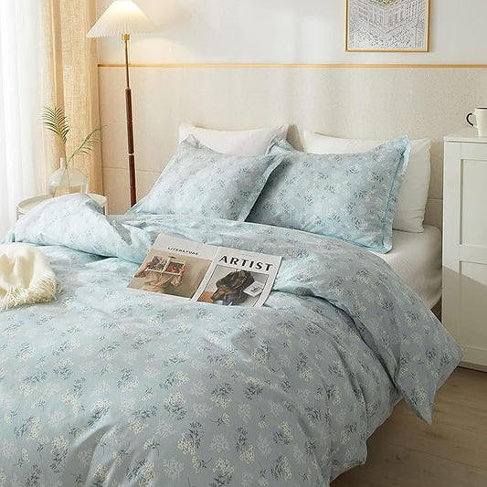 VM VOUGEMARKET Floral Comforter Set Queen Blue Comforter Set Garden Style Bedding Set Aesthetic Flower Botanical Comforter Set Soft All Seasons Boho Floral Comforter Set Queen Size