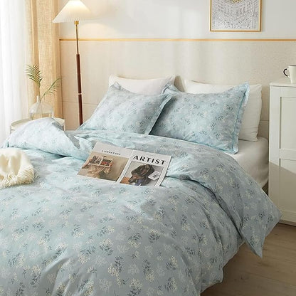VM VOUGEMARKET Garden Blue Flower Comforter Set Full Soft Fluffy Microfiber Comforter Chic Floral Printed Bedding Set Vintage Flowers Botanical Comforter Set All Season Use