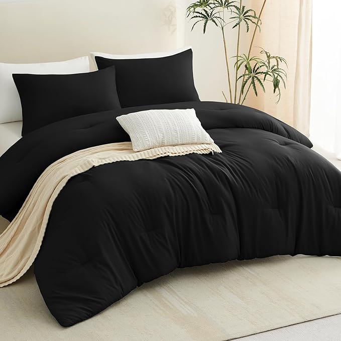 CozyLux Twin/Twin XL Comforter Set Black, 2 Pieces Twin Extra Long Solid Breathable Bedding Sets for College Dorm, Luxury Soft Bed Set with Down Alternative Comforter and 1 Pillowcase All Seasons