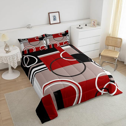 Erosebridal Modern Red Grey Black Stripes Comforter Set Geometric Down Comforter King Size Retro Circle Swirls Bedding Set Bedroom Decor Modern Abstract Texture Color Art Quilt Set