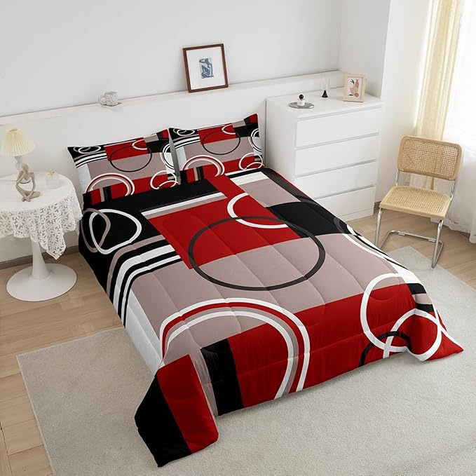 Erosebridal Modern Red Grey Black Stripes Comforter Set Geometric Down Comforter Twin Size Retro Circle Swirls Bedding Set Bedroom Decor Modern Abstract Texture Color Art Quilt Set