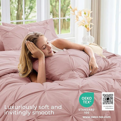 Sasttie Queen Comforter Set, 7-Piece Bed in a Bag, Pintuck Bedding Sets for All Season, Includes Comforter, Flat Sheet, Fitted Sheet, Pillowcases and Pillowshams, Rose Gold