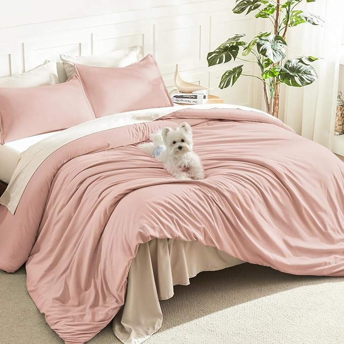 Litanika Pink Queen Size Comforter Set, 3 Pieces Blush Plain Bedding Comforter Set, All Season Bed Set (90x90In Comforter & 2 Pillowcases)